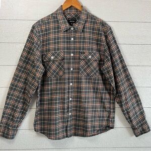 Brixton Bowery Men’s Olive Green and Orange Plaid Flannel Button Up Shirt Size M